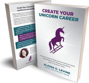 Book cover of "Create Your Unicorn Career" by Alaina G. Levine with a purple unicorn logo.
